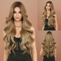 NAMM Long Wavy Honey Brown Wig Mid Split Highlight Beige Natural Synthetic Wig for Women Daily Party Cosplay Wigs Heat Resistan