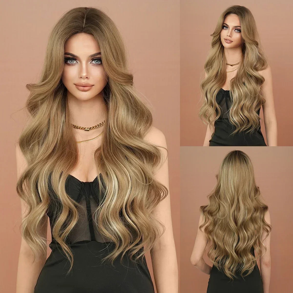 NAMM Long Wavy Honey Brown Wig Mid Split Highlight Beige Natural Synthetic Wig for Women Daily Party Cosplay Wigs Heat Resistan
