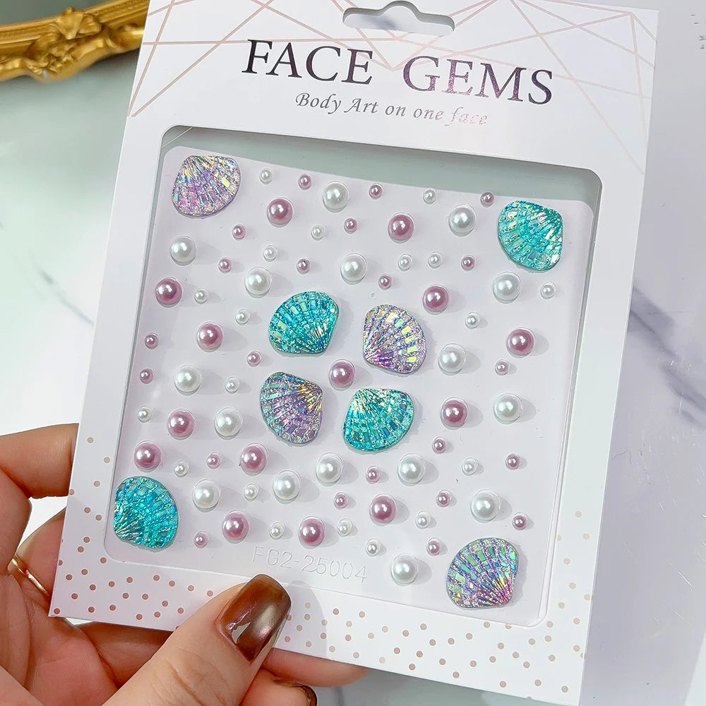 1Sheet 3D Dreamy Shell Pearl Gems Face Stickers Sparkling Mermaid Diamond Temporary Tattoos DIY Body Art Stage Makeup Rhinestone