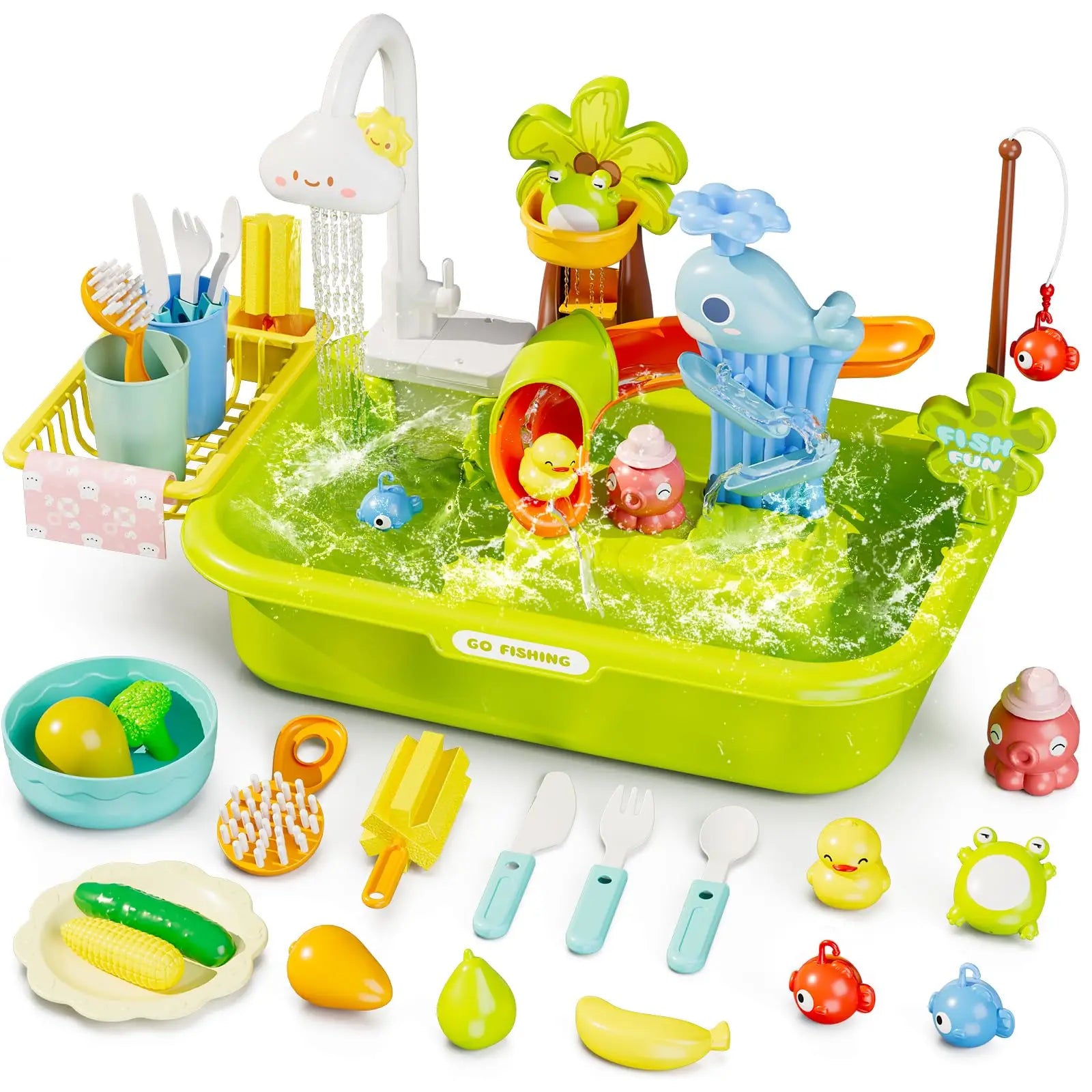 Kids Electric Kitchen Sink Toy – Pretend Play Dishwasher with Running Water & Fishing Game for Girls