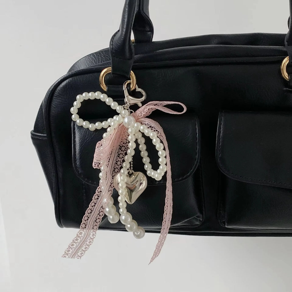 Y2k Imitation Pearls Lace Bowknot Keychain Sweet Beaded Pendant Keyring for Women Handbag and Backpack Key Chain Punk Ornament