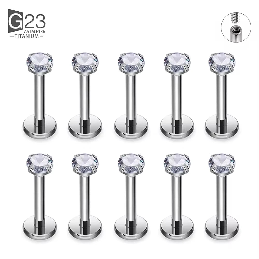 10Pc/50Pc G23 Ttianium Labret Ear Lip Stud Jewelry Square CZ Stone Cartilage Tragus Earring Tongue studs Threaded Body Jewelry