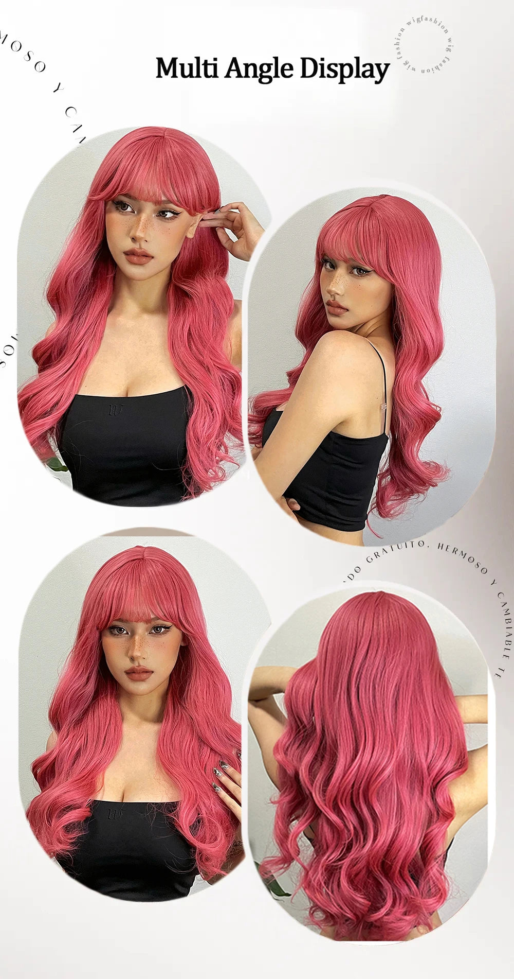 LOUIS FERRE Long Wavy Pink Synthetic Wigs with Bangs for Women Hot Pink Curly Heat Resistant Hair Wig for Cosplay Halloween Use