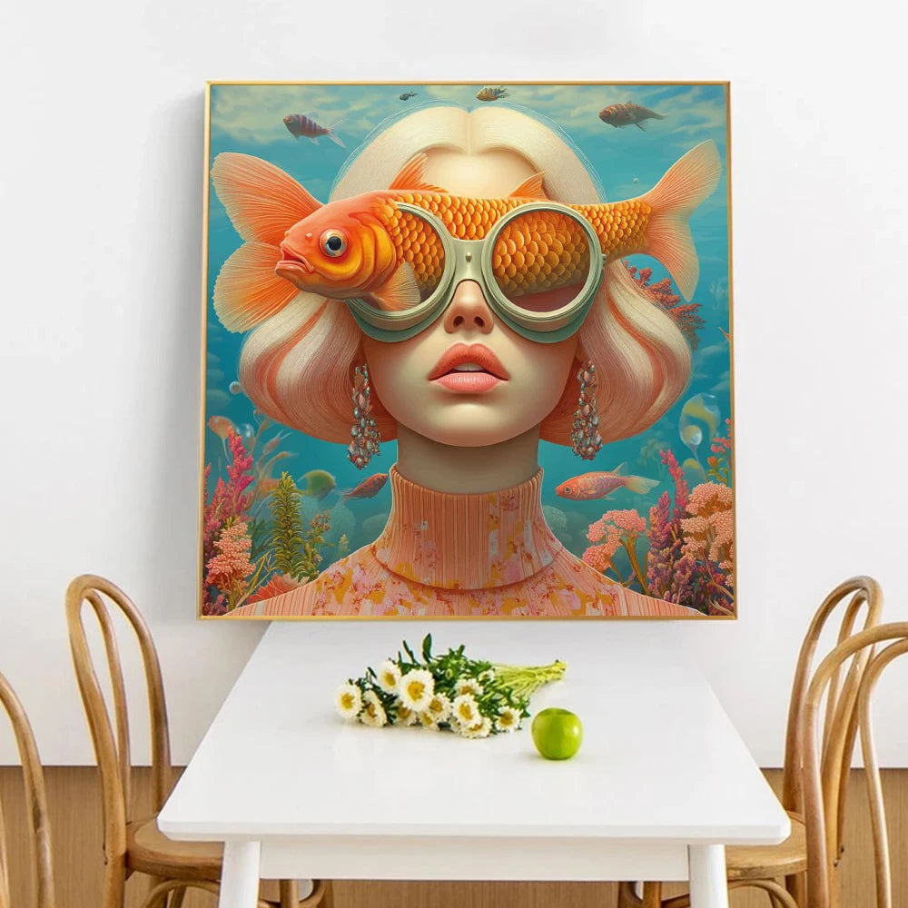 Surrealism Fish Woman Portrait Poster Prints For Living Room Home Decor Abstract Underwater Magic Girl Canvas Painting Wall Art