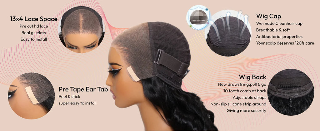 UNice Hair Upgrade Drawstring 13x4 Body Wave Human Hair Lace Frontal Wig Pre Cut Pre Bleached Pre Plucked Lace Wigs 150% Density