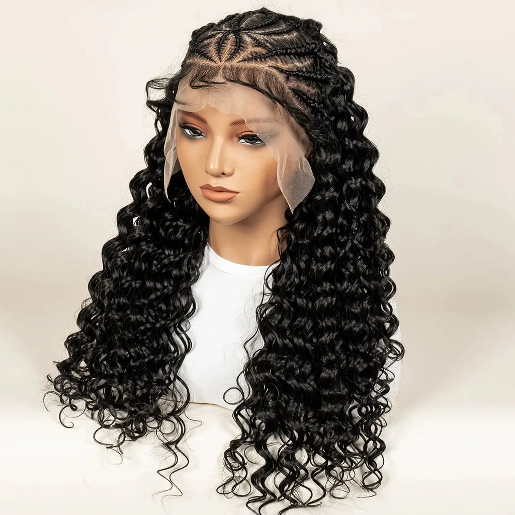 Pre-Styled Deep Wave Braided Wig | Swiss Lace | Baby Hair | Half Cornrow | Women's Braid Wig