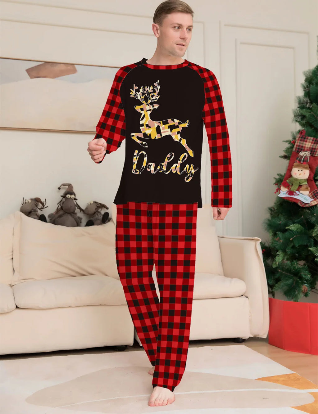 2025 Festive Christmas Reindeer Family Pajamas, Plaid Matching Sleepwear Set, Long Sleeve Outfit for Christmas Family Pajamas