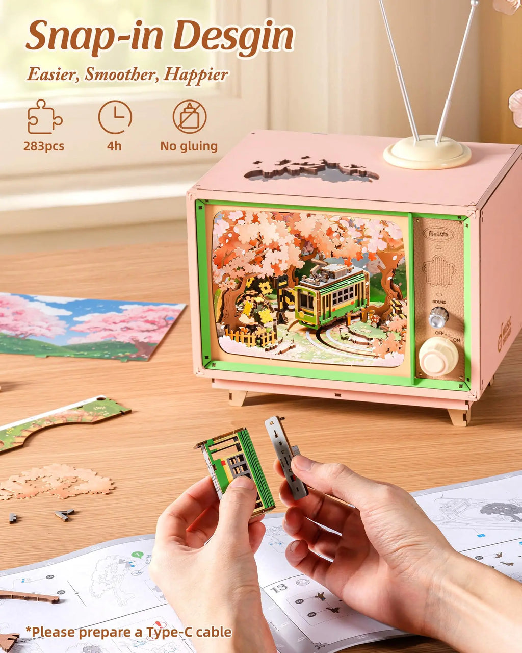 Robotime Rolife Sakura Dreamy Tour 3D Wooden Puzzle Music Box | LED Light & Moving Tram | Therapeutic DIY Gift for Teens & Adults