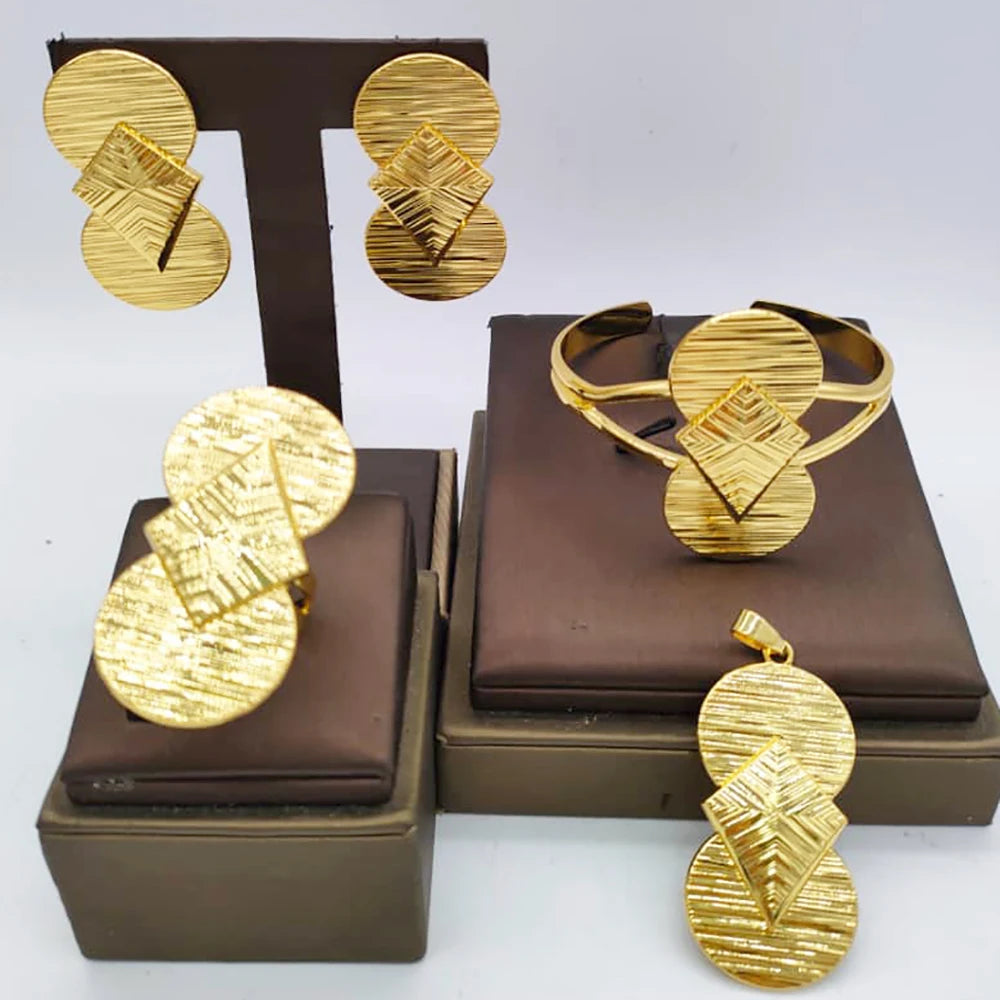 African Map Bridal Jewelry Set – 4-Set Luxury Gold Pendant Earrings, Bangles & Ring for Weddings