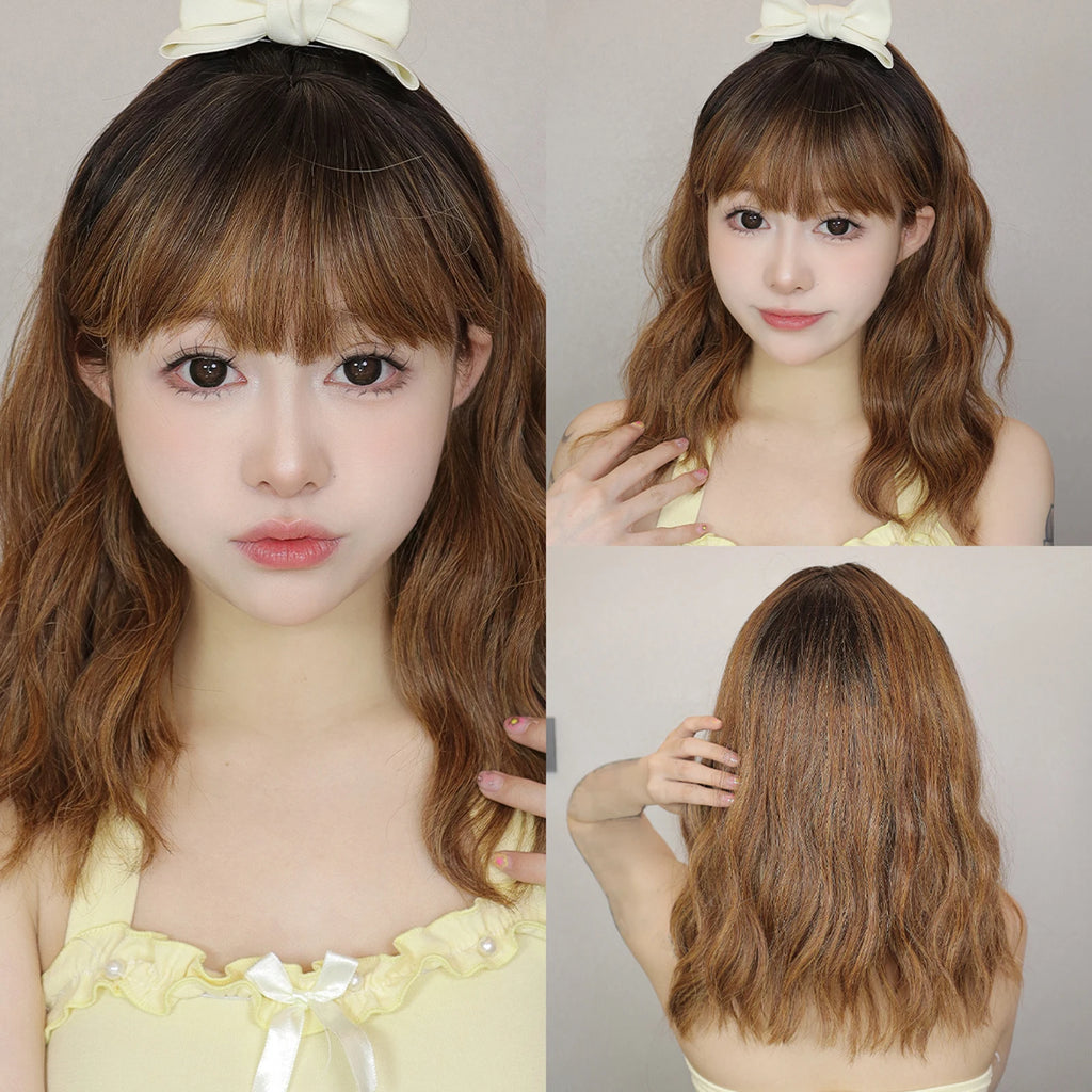 Sky Blue Short Bob Wigs for Women Synthetic Wavy Curly Wigs with Bangs Cosplay Halloween Blue Wig Natural Heat Resistant Hair