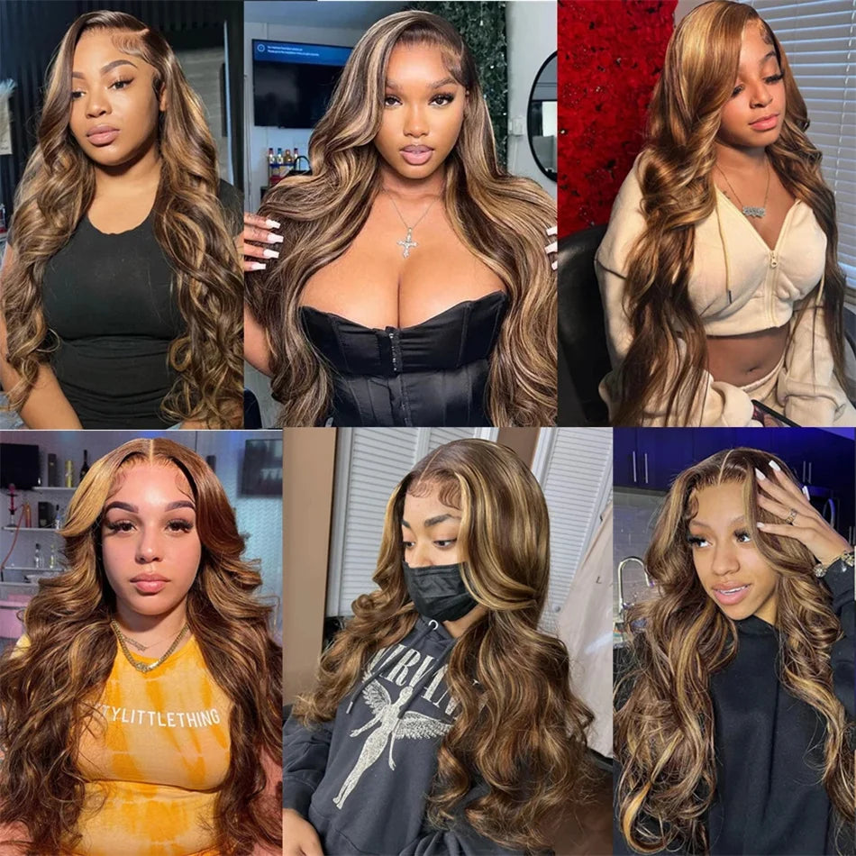 Highlight Body Wave 13x6 Lace Frontal Wig For Women 4/27 Brown Colored 13x4 Transparent Lace Front Human Hair Wig Pre Plucked
