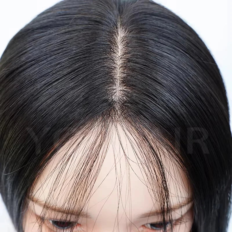 6x6inch Silk Base Topper with Air Bangs Virgin European Human Hair Wig for Women Silk Top with PU Front Glueless Soft Breathable