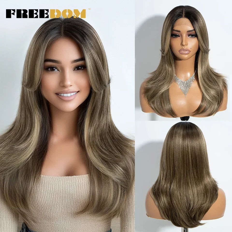 FREEDOM Straight Synthetic Lace Front Wigs For Black Women Ombre Blonde Brown Lace Wig 20 Inch Wig With Bangs Cosplay Lace Wig