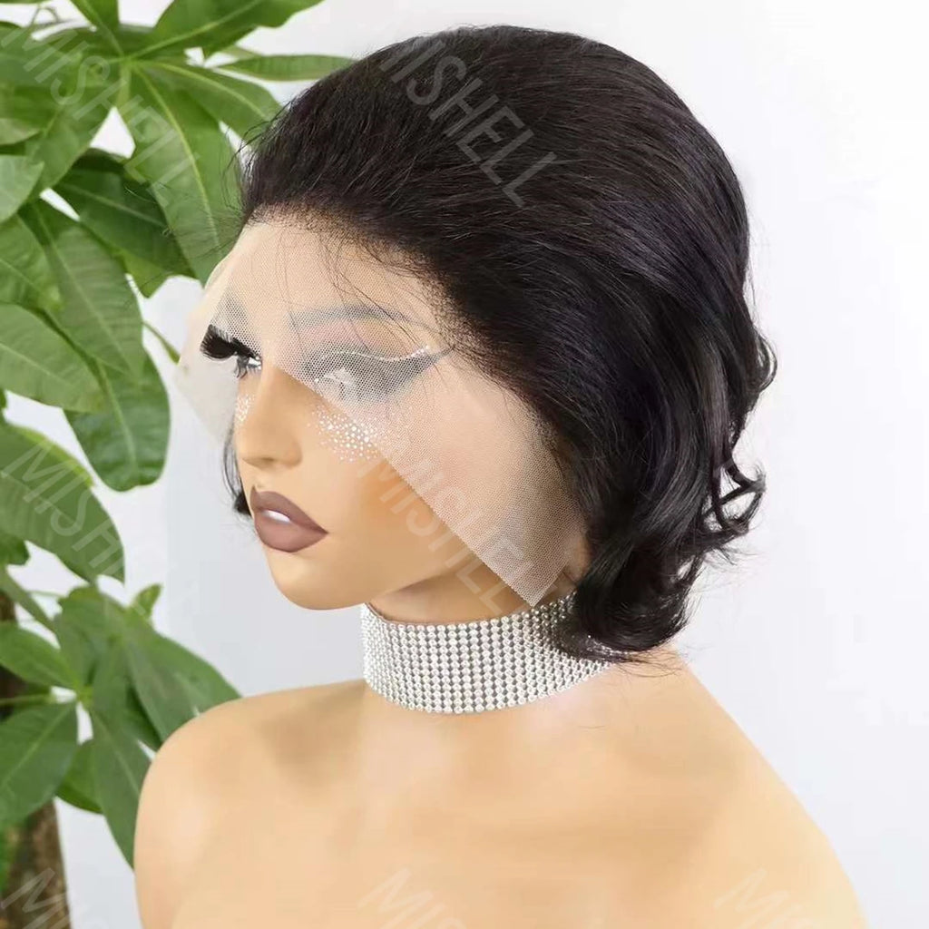 13x4 Lace Frontal Bob Wigs Pixie Cut Brazilian Remy Human Hair Short Bob Wig Natural 200% Density Wavy Lace Wigs for Black Women