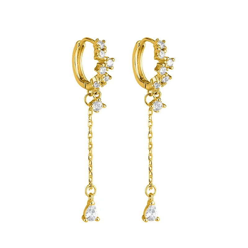 WOMEN 925 Silver Needle Water Drop Geometric Zircon White Zircon Crystal Flowers Pendant Hoop Earrings Fashion Wedding Jewelry