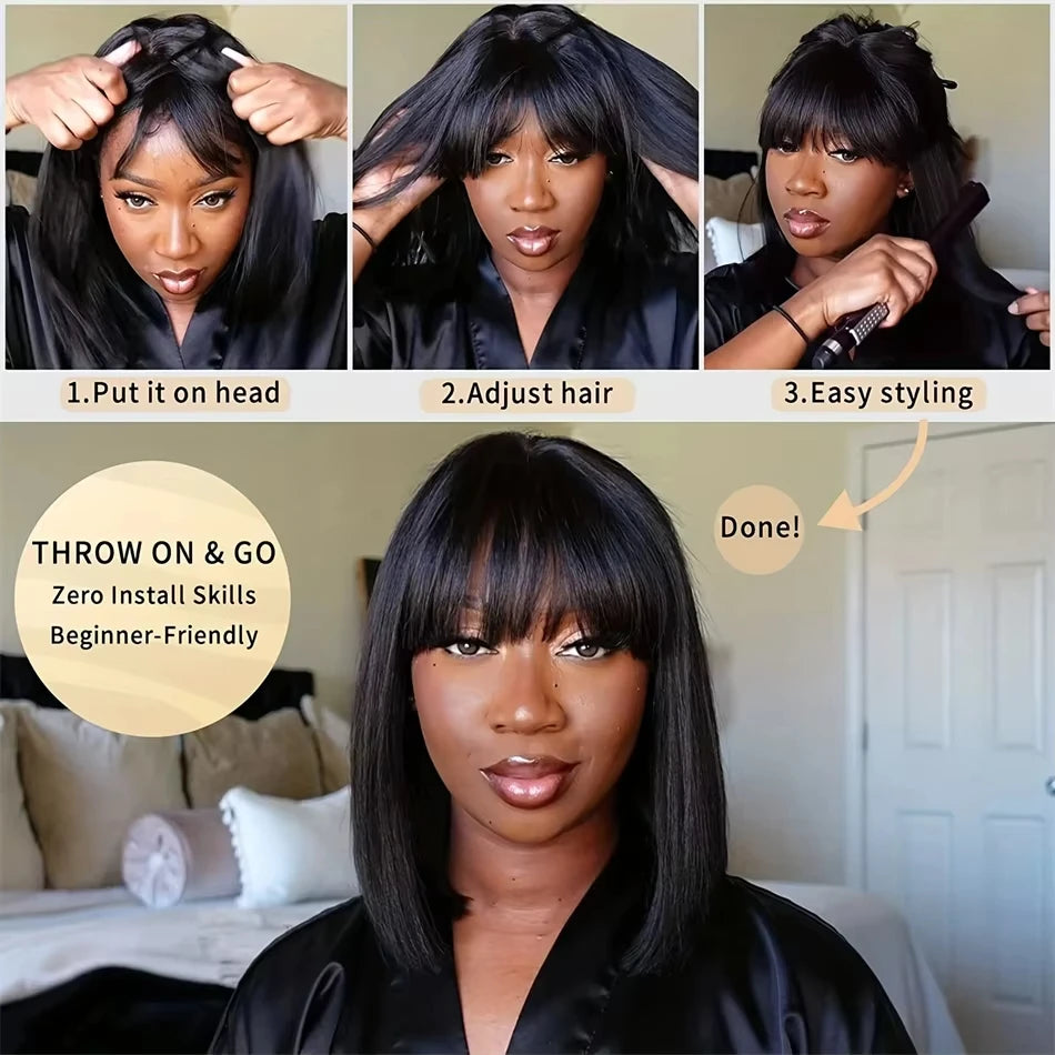 34 Inch 3X1 Middle Part Lace Wig Straight Human Hair Wigs With Bangs Brazilian Full Machine Made 100% Human Hair Wigs For Women