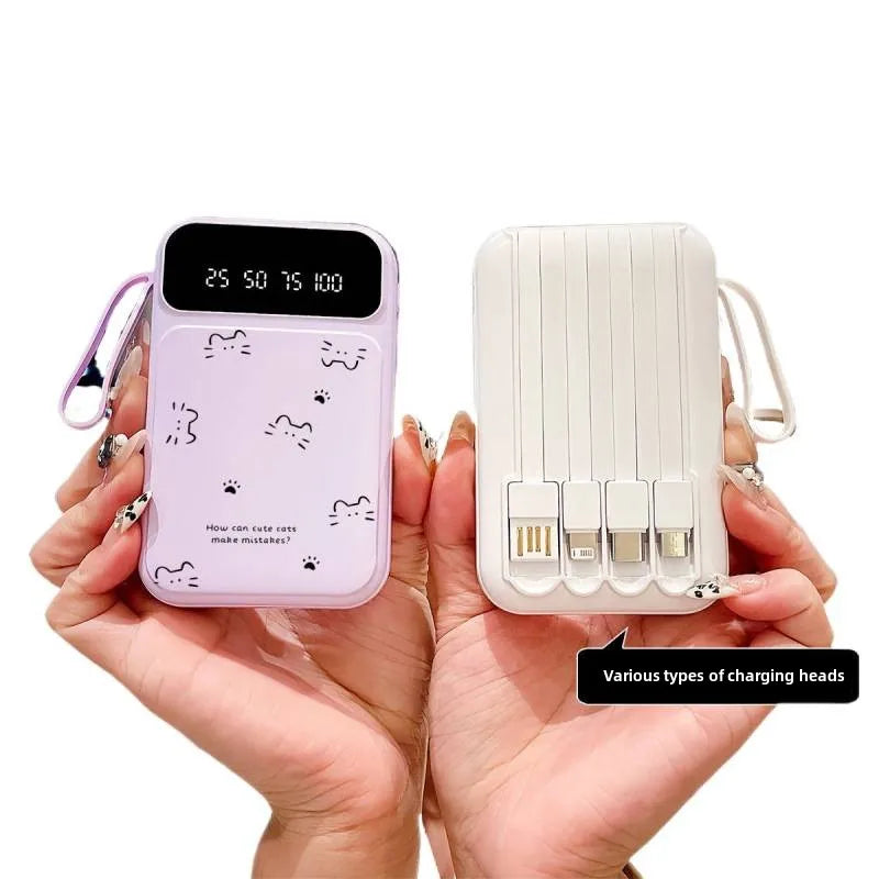Cat-Shaped Power Bank – 20000mAh Fast Charging Portable Charger with Built-in Cable
