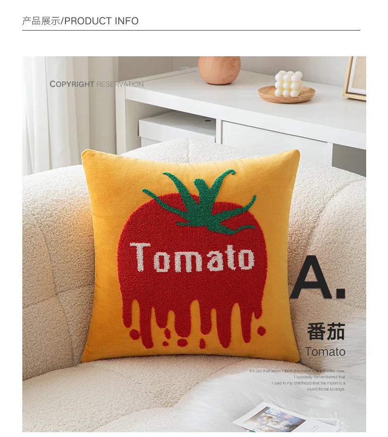 Ins Letter Fruit Embroidered Cushion Cover | 45×45cm Nordic Velvet Pillowcase | Handmade Home Decor