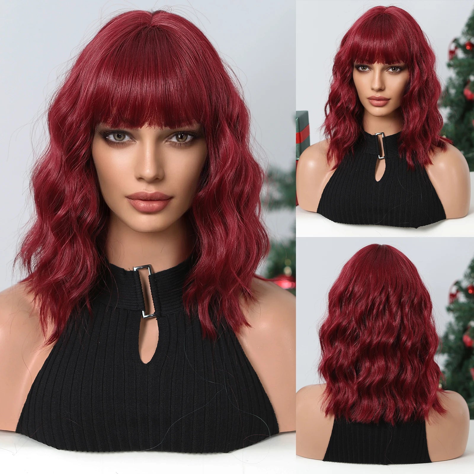 Sky Blue Short Bob Wigs for Women Synthetic Wavy Curly Wigs with Bangs Cosplay Halloween Blue Wig Natural Heat Resistant Hair