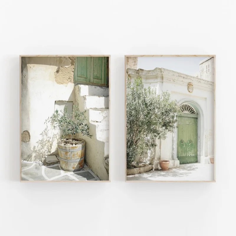 Italy Malta Olive Tree City Canvas Print | 2pcs Mediterranean Minimalist Wall Art Poster | Unframed Home Decor Gift