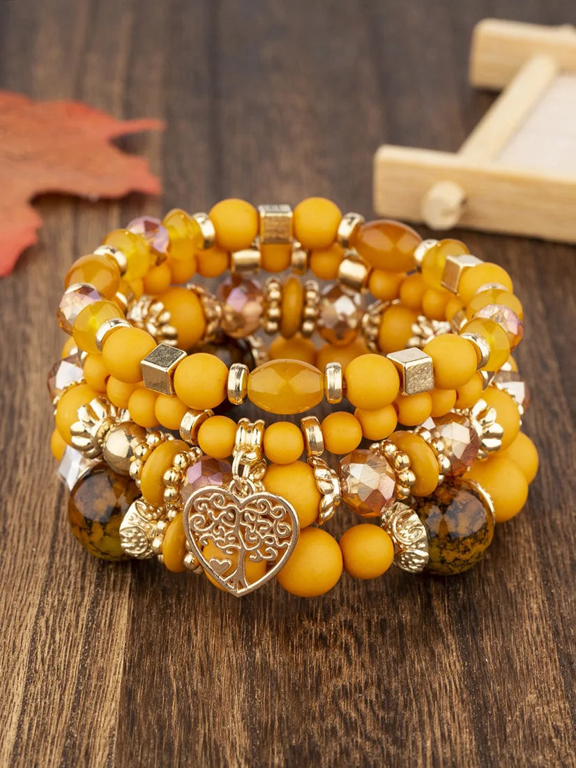New Acrylic Beads Chain Bracelet Set For Women Tree Of Life Charm Elastic Bangle Female Bohemian Jewelry Accessories