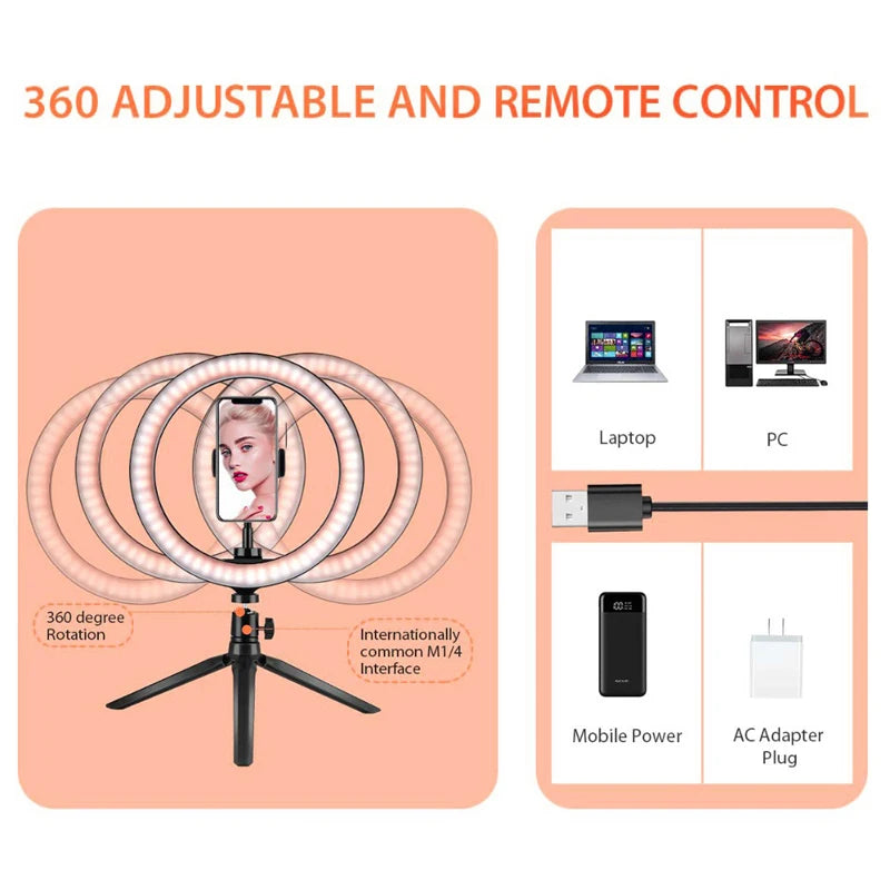 LED Selfie Ring Light 3 modes Dimmable Photography Lamp with 50cm Tripod Remote control For Phone Video Live Makeup Fill Light