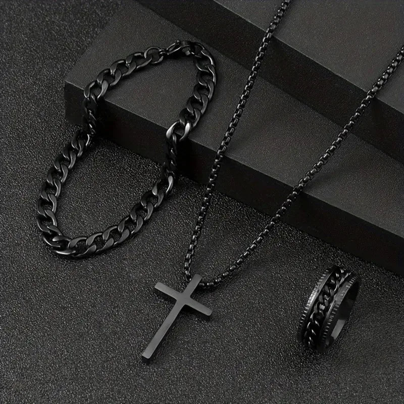 Hip Hop Fashion Cross Pendant Necklace Bracelet Chain Ring Men's Set Simple Personality Party Three Piece Jewelry Accessories