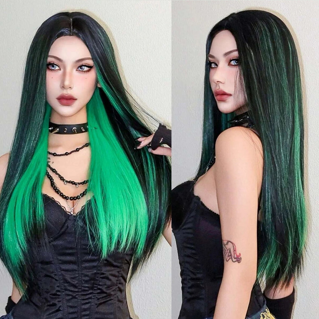 EASIHAIR Black With Green Cosplay Synthetic Wigs for Women Long Straight Middle Part Wig Natural Hair Party Daily Heat Resistant