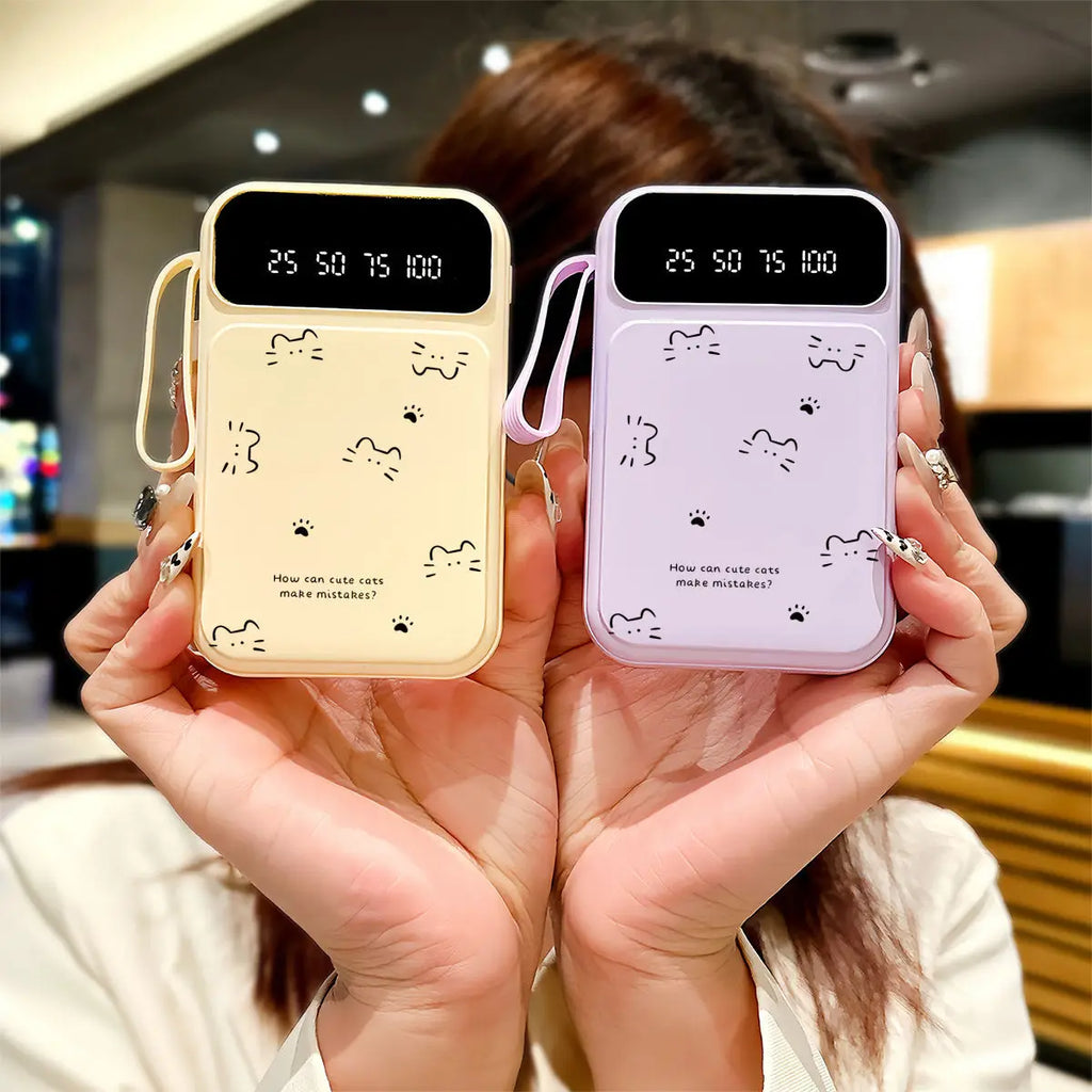 Cat-Shaped Power Bank – 20000mAh Fast Charging Portable Charger with Built-in Cable