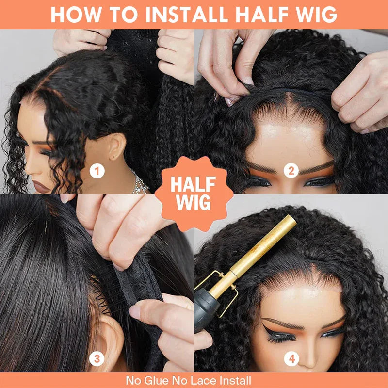 Kinky Curly Flip Over Wig Half Wigs Human Hair 3 in 1 Glueless Wig With Drawstring Seamless Wear Go Glueless Wig