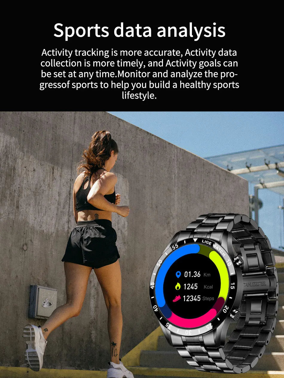 LIGE Men's Bluetooth Smartwatch – Full Touch Steel Sports Watch, IP67 Waterproof