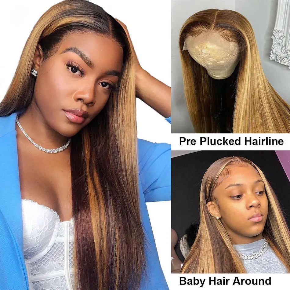 Highlight Colored Straight Lace Front Human Hair Wigs Honey Blonde 13X4 13x6 HD Transparent Lace Frontal Wigs For Black Women