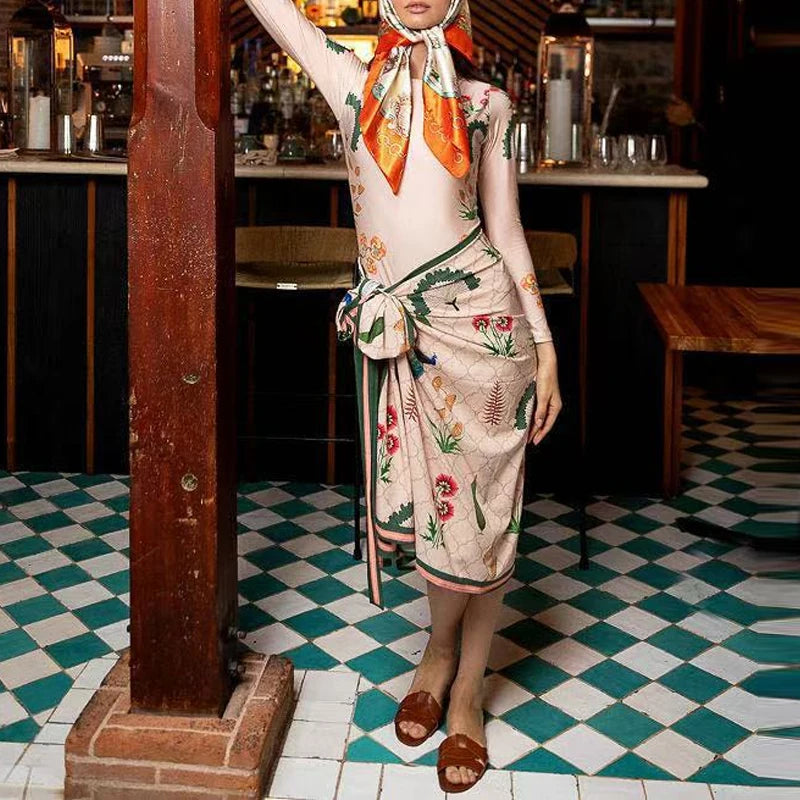 2025 New Pattern Printed Bathing Bikini Dresses Casual O Neck Long Sleeved Slim Fit Beachwear Summer Bohemian Lace Up Swimsuit
