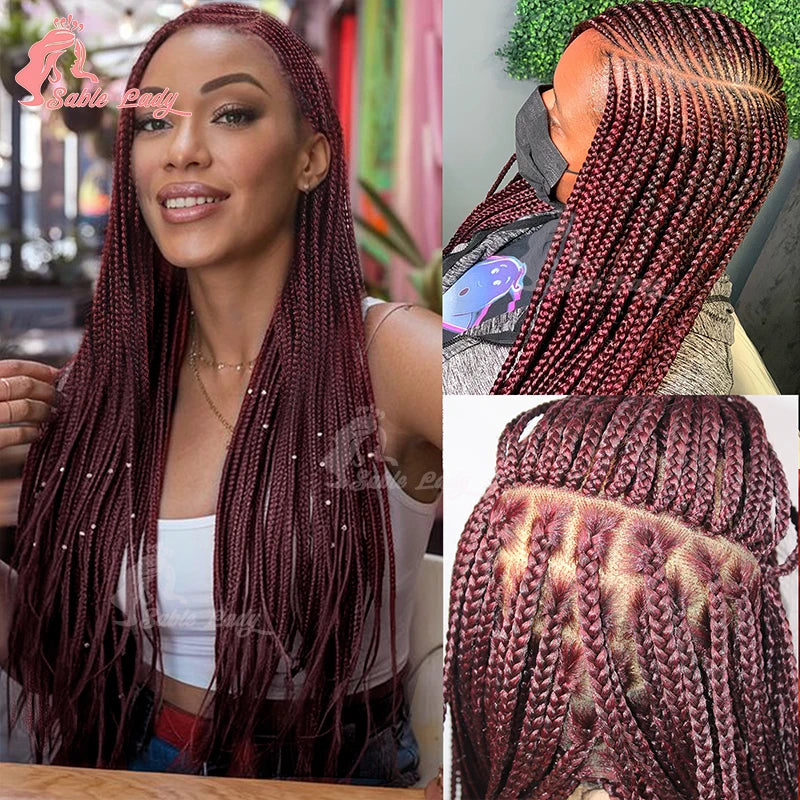 36" Full Lace Cornrow Braided Wigs Synthetic Burgundy Red Knotless Box Braids Wig Godness Side Part Braided Wigs for Black Women