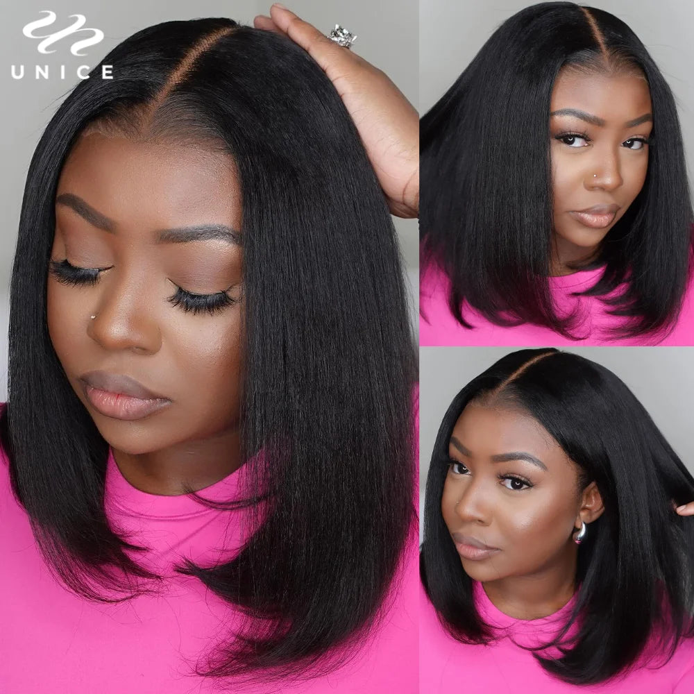 UNice Hair 7x5 & 13x4 Light Yaki Straight Bob Wig With Drawstring 100% Human Hair Short Bob Wigs 150% Density
