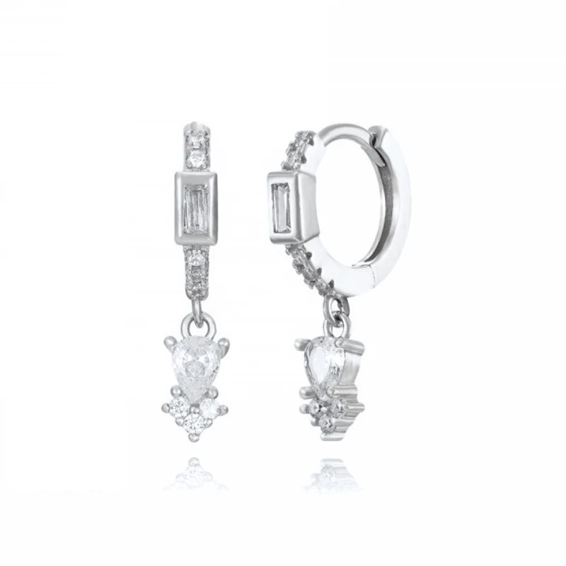 WOMEN 925 Silver Needle Water Drop Geometric Zircon White Zircon Crystal Flowers Pendant Hoop Earrings Fashion Wedding Jewelry