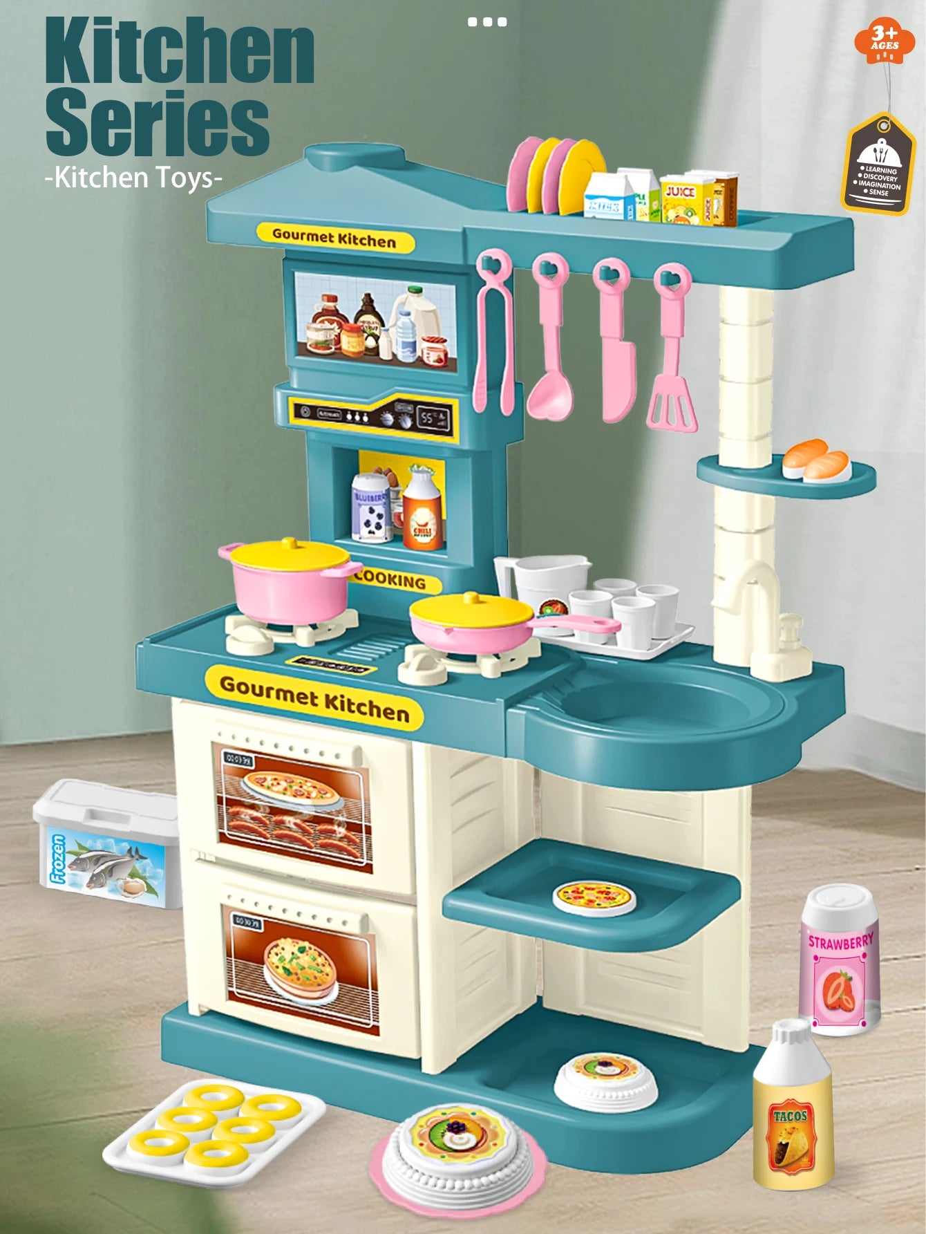 Kids Play Kitchen Accessories Playset – Toy Foods, Pans, Pots, Breads & Utensils for Ages 3+