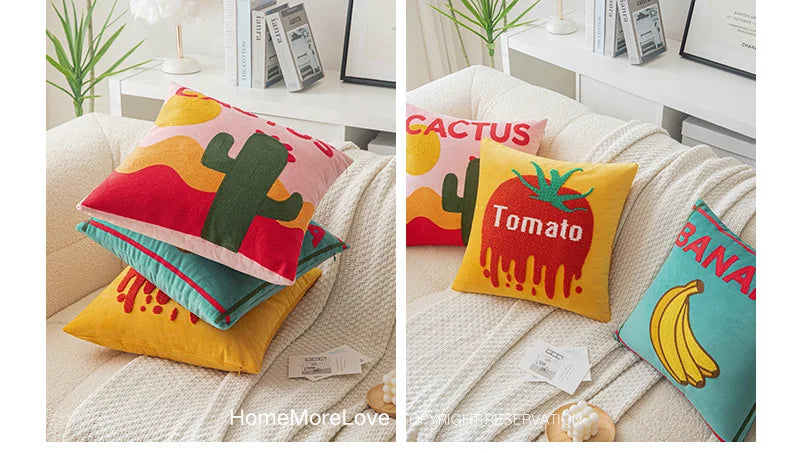 Ins Letter Fruit Embroidered Cushion Cover | 45×45cm Nordic Velvet Pillowcase | Handmade Home Decor