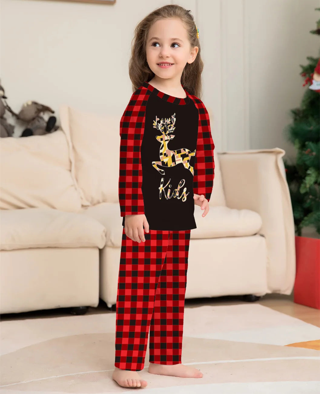 2025 Festive Christmas Reindeer Family Pajamas, Plaid Matching Sleepwear Set, Long Sleeve Outfit for Christmas Family Pajamas
