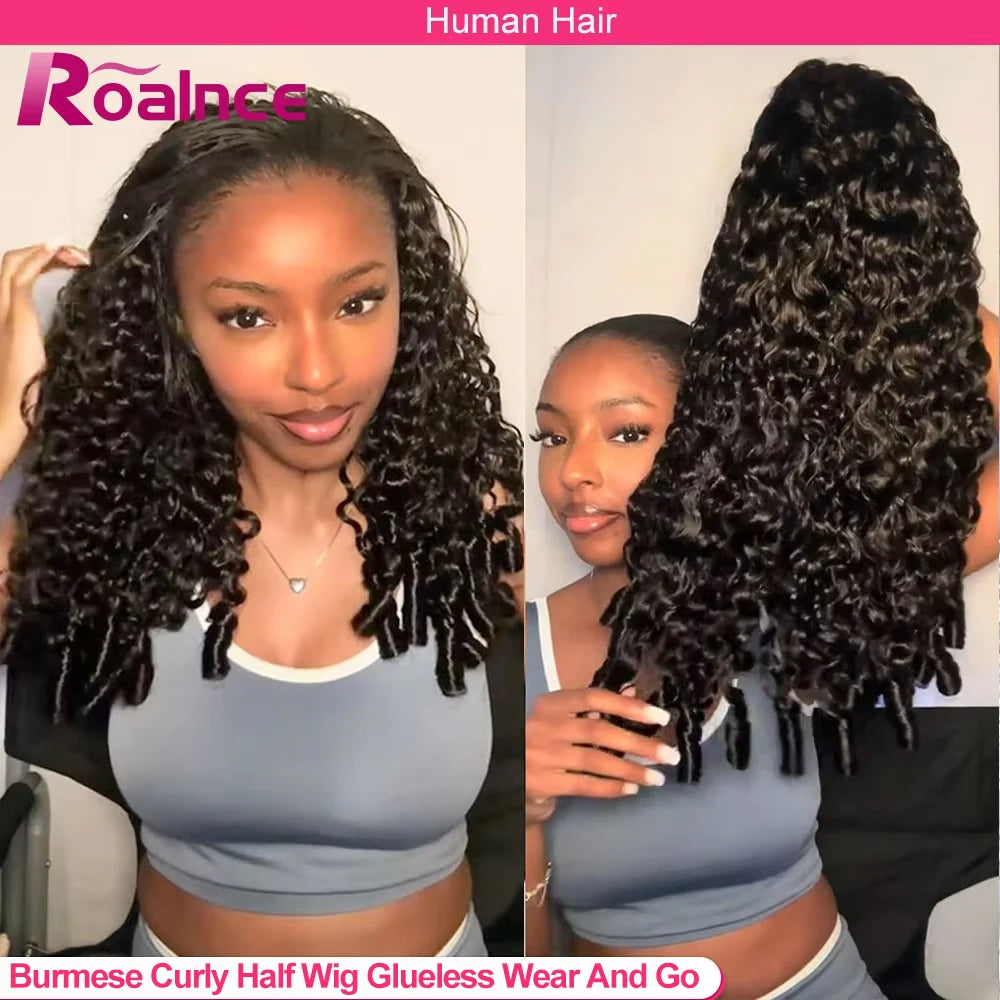 Vietnamese Burmese Curly Half Wig Glueless  Raw Human Hair Half Wig With Drawstring Seamless Clips Deep Wave 3 IN 1 Half Wig