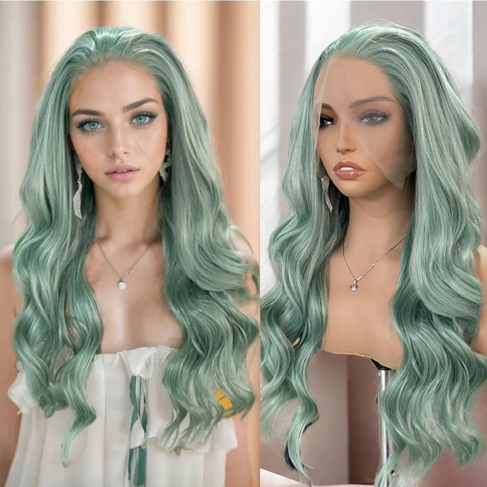 Ash Green Wig Body Wave Wig Synthetic Lace Front Wig Lace Wigs For Women Green Lace Wig Ready To Wear Front Lace Wig Cosplay