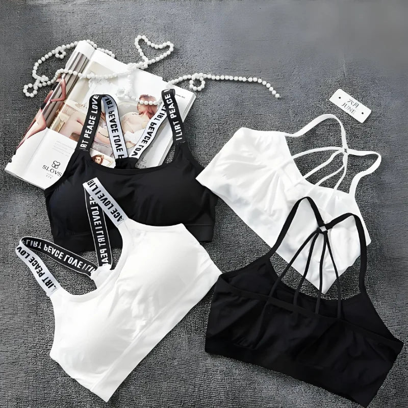 Women's Wireless Sports Yoga Crop Top – Seamless Activewear with Wide Letter Straps