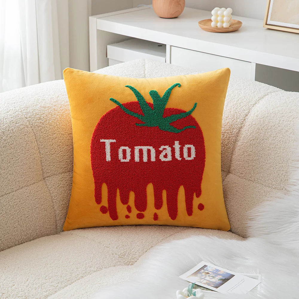 Ins Letter Fruit Embroidered Cushion Cover | 45×45cm Nordic Velvet Pillowcase | Handmade Home Decor