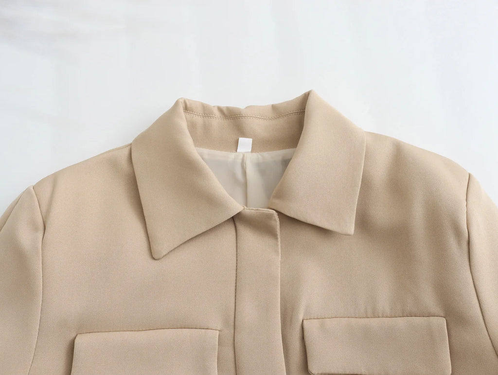 Women's Solid Office Jacket – Long Sleeve Button Coat with Pockets
