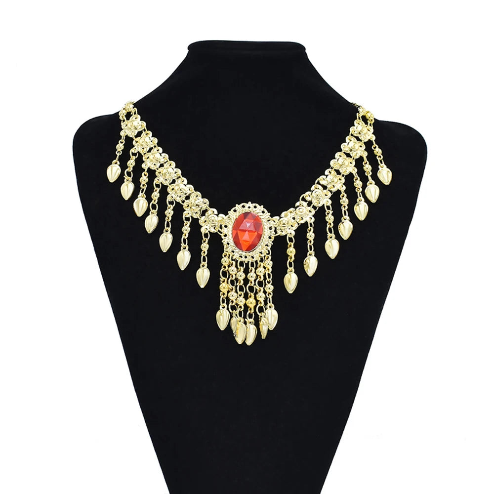 Indian Belly Dance Jewelry Set – Crystal Bell Tassel Necklace, Earrings, Bracelet & Hair Accessories