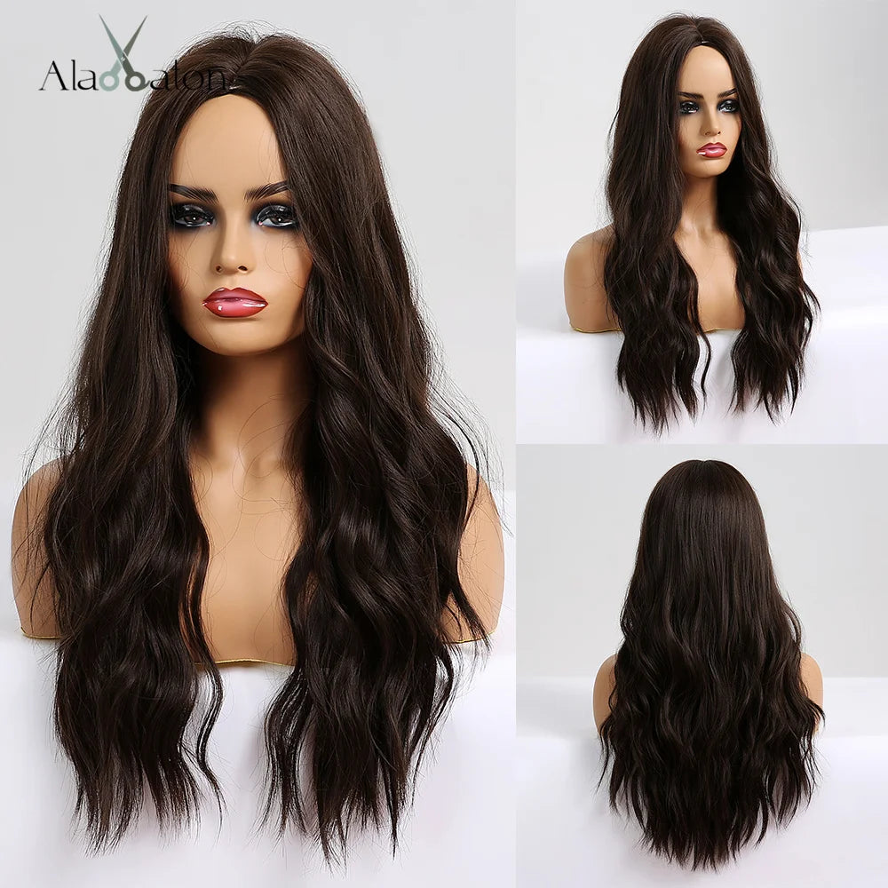 ALAN EATON Long Wavy Synthetic Wigs Ombre Black Pink Wigs for Women Cosplay Natural Middle Part Hair Wig High Temperature Fiber