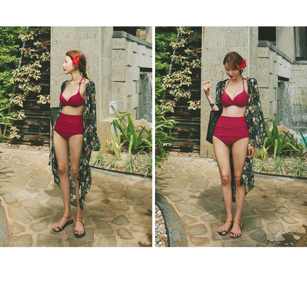 2024 Women's Swimwear Female Swimsuit Red Padded Triangle Bathing Suits Girls Korean High Waisted Bikini Set Beach Wear Swim