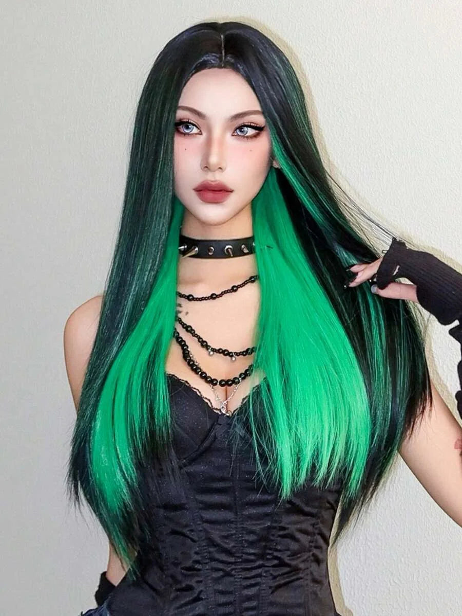 EASIHAIR Black With Green Cosplay Synthetic Wigs for Women Long Straight Middle Part Wig Natural Hair Party Daily Heat Resistant