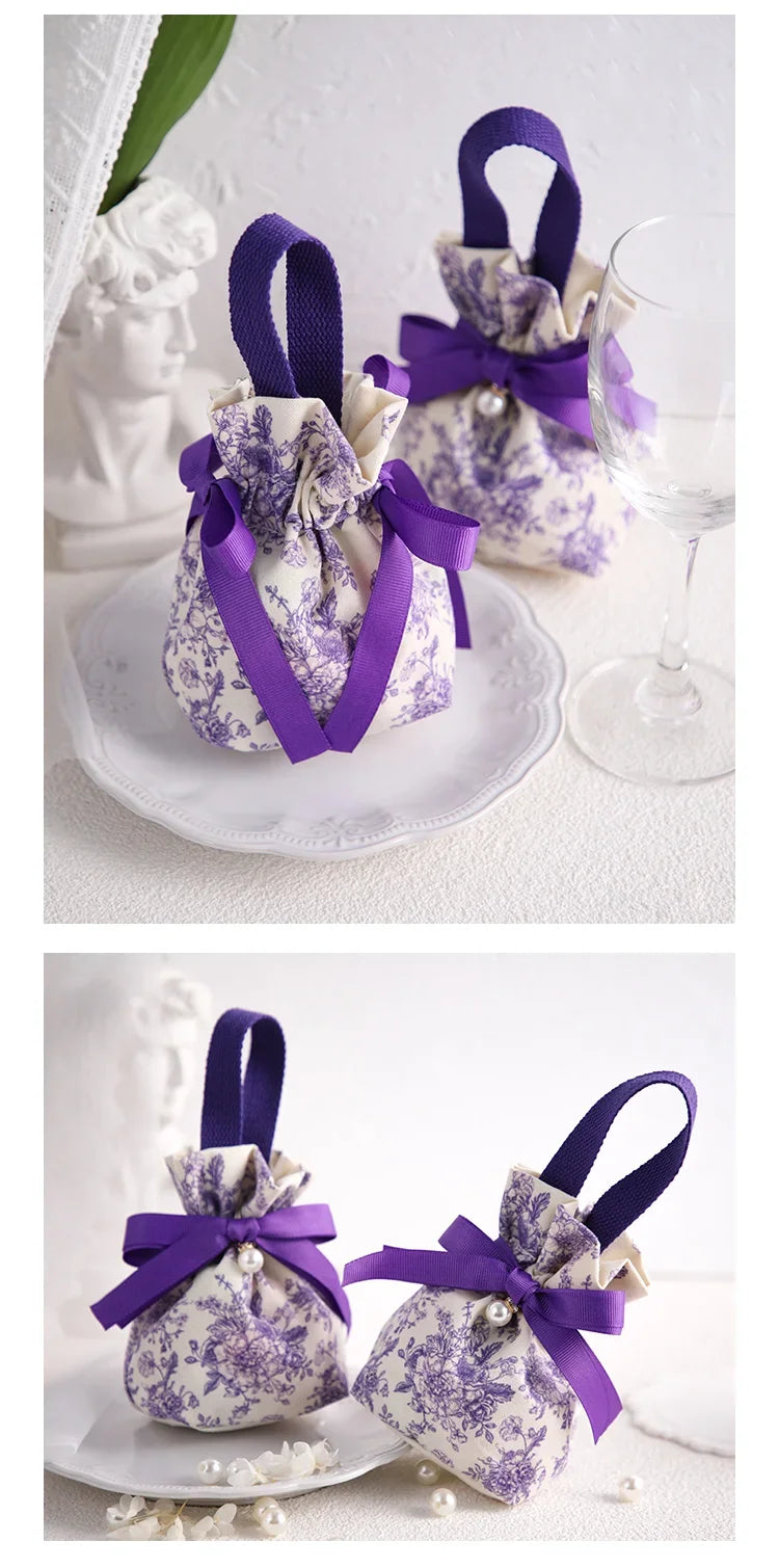 5/10pcs Portable Drawstring Handheld Canvas Candy Bags with Floral Pattern & Ribbon Bow Soft Reusable Wedding Gift Packing Bags
