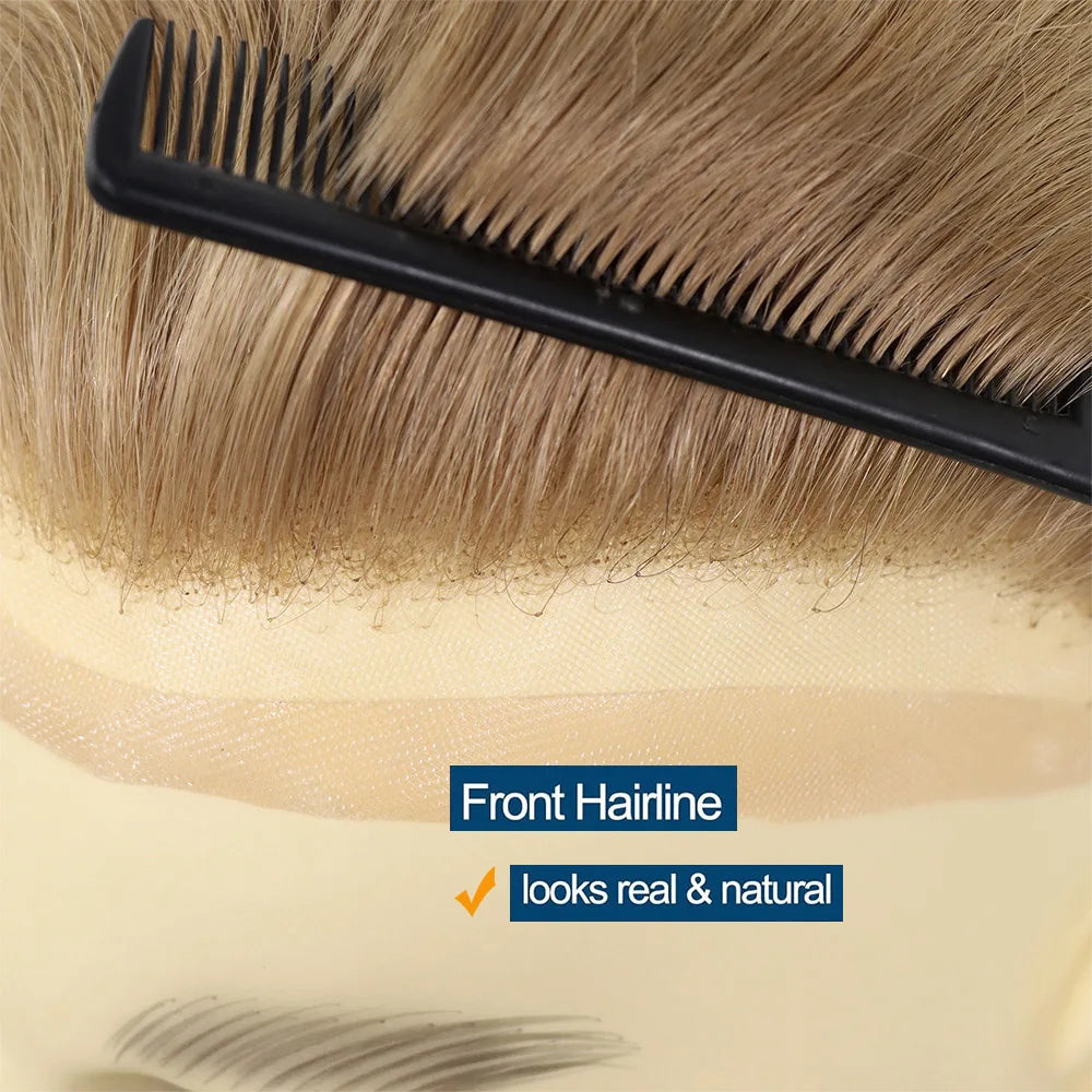 Human Hair Prosthesis for Men Toupee Breathable Lace Front with PU Mens Wig Replacement System Blonde Hairpiece 8x10inch
